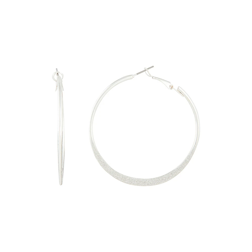 Silver Flat Edge Glitter Hoop Earrings