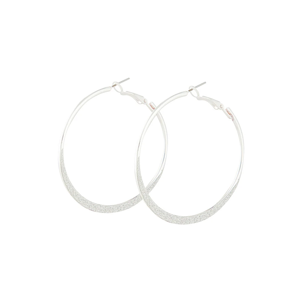 Silver Flat Edge Glitter Hoop Earrings