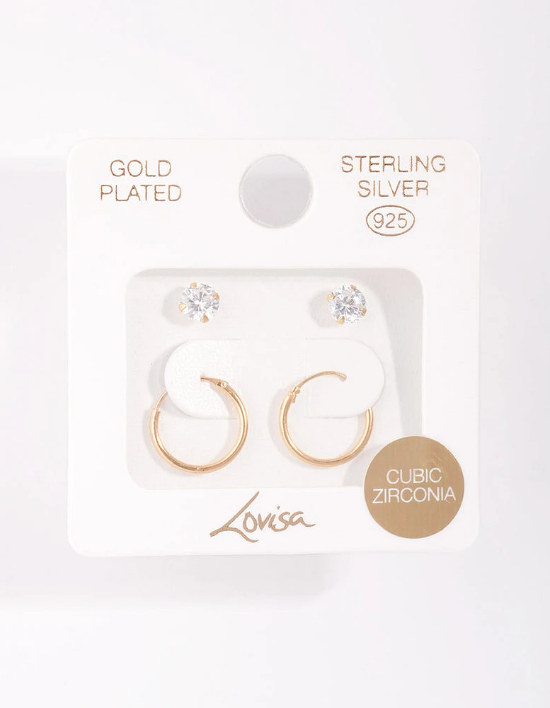 Gold Plated Sterling Silver Diamante Stud & Hoop Pack