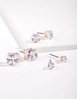 Rose Gold Graduated Princess Cut Diamante Stud Earring Pack