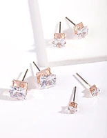 Rose Gold Graduated Princess Cut Diamante Stud Earring Pack