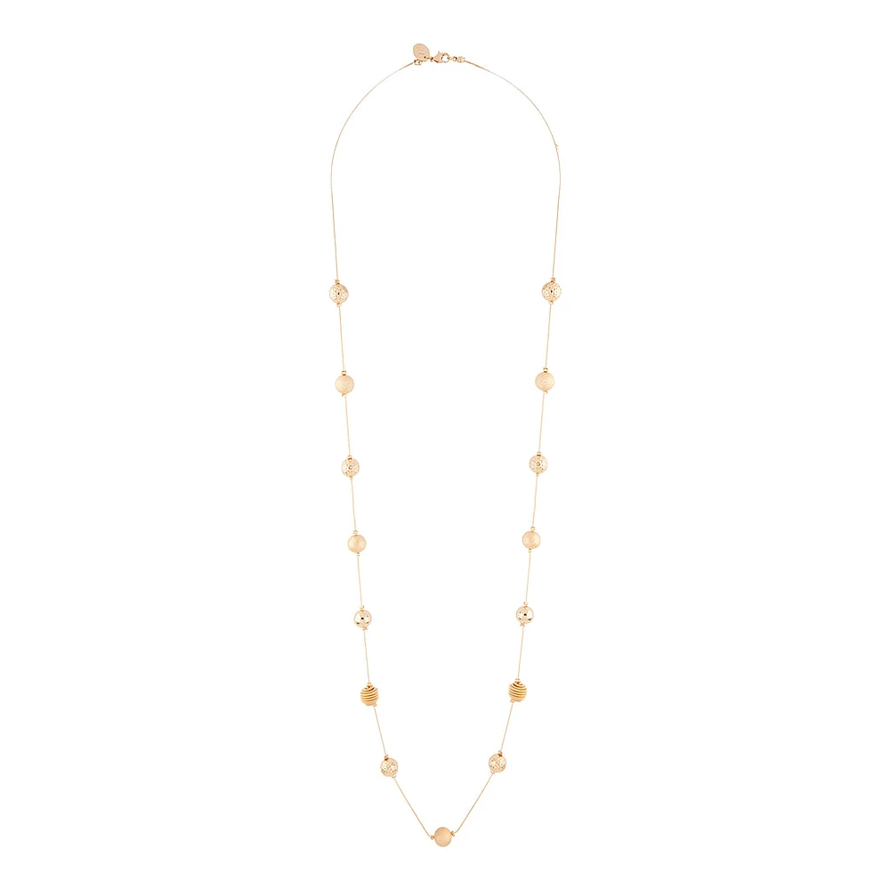 Gold Multi Textured Bead Station Lariat Necklace