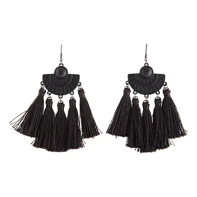 Black Coated Etched Shield 5 Tassel Earrings