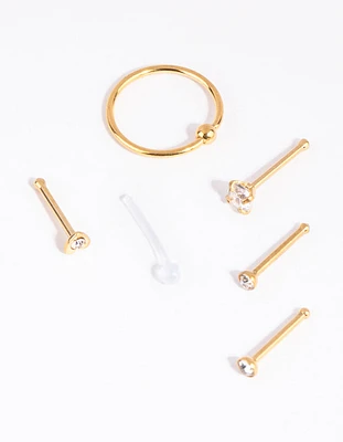 Gold Surgical Steel Mix Stud Ring Nose 6-Pack