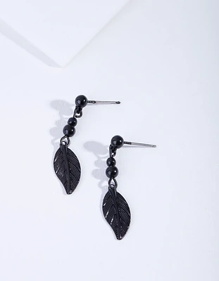 Black Metal Bead Feather Drop Earrings