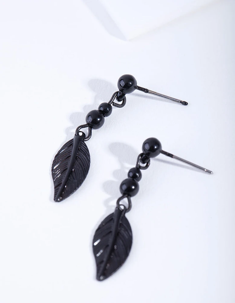 Black Metal Bead Feather Drop Earrings