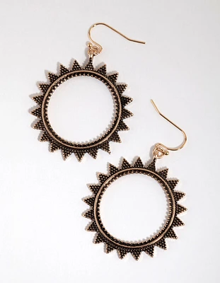 Gold Texture Open Sun Drop Earrings