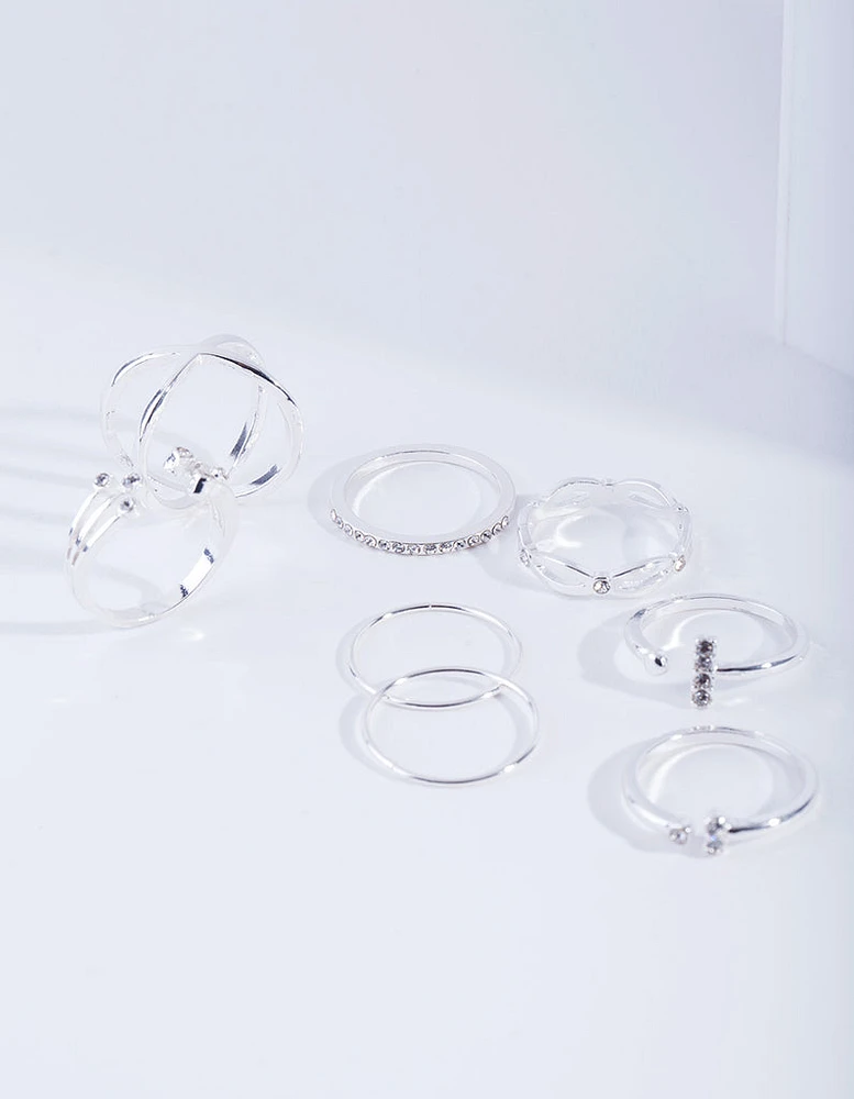 Silver Diamante Fine Mix Ring 8-Pack