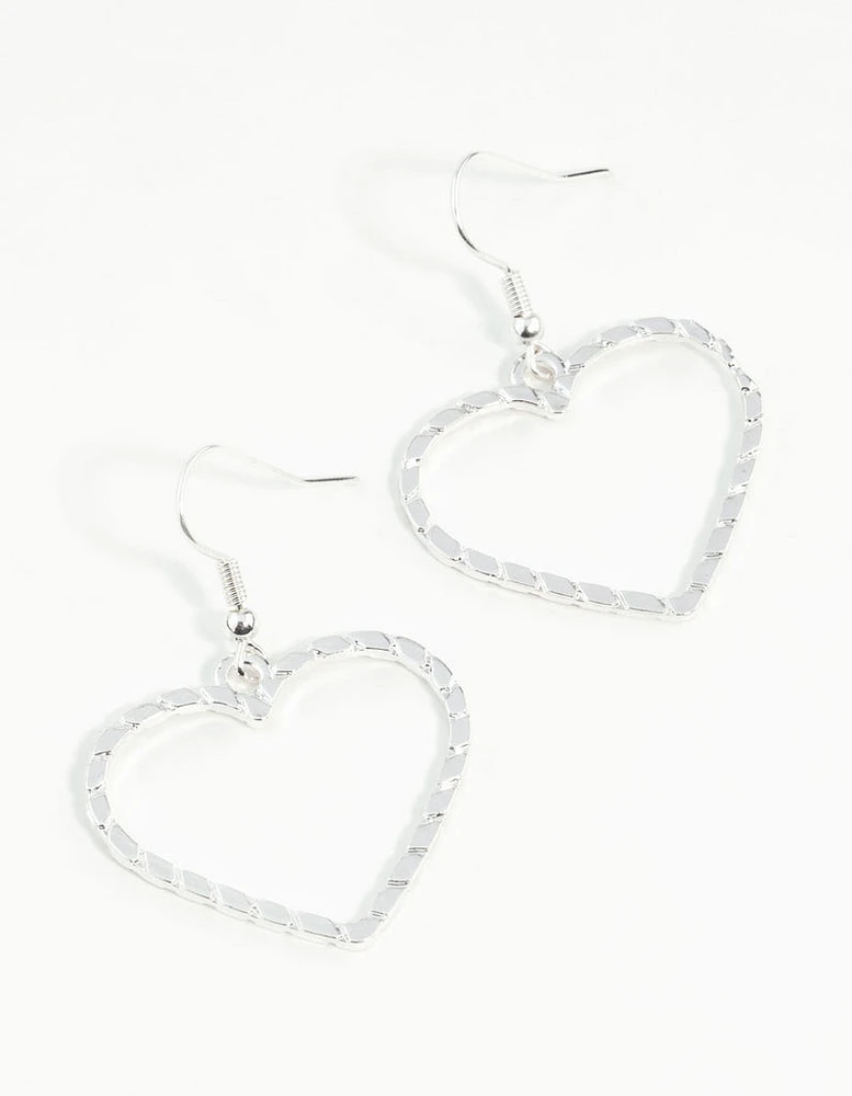 Silver Textured Heart Cut Out Drop Earring