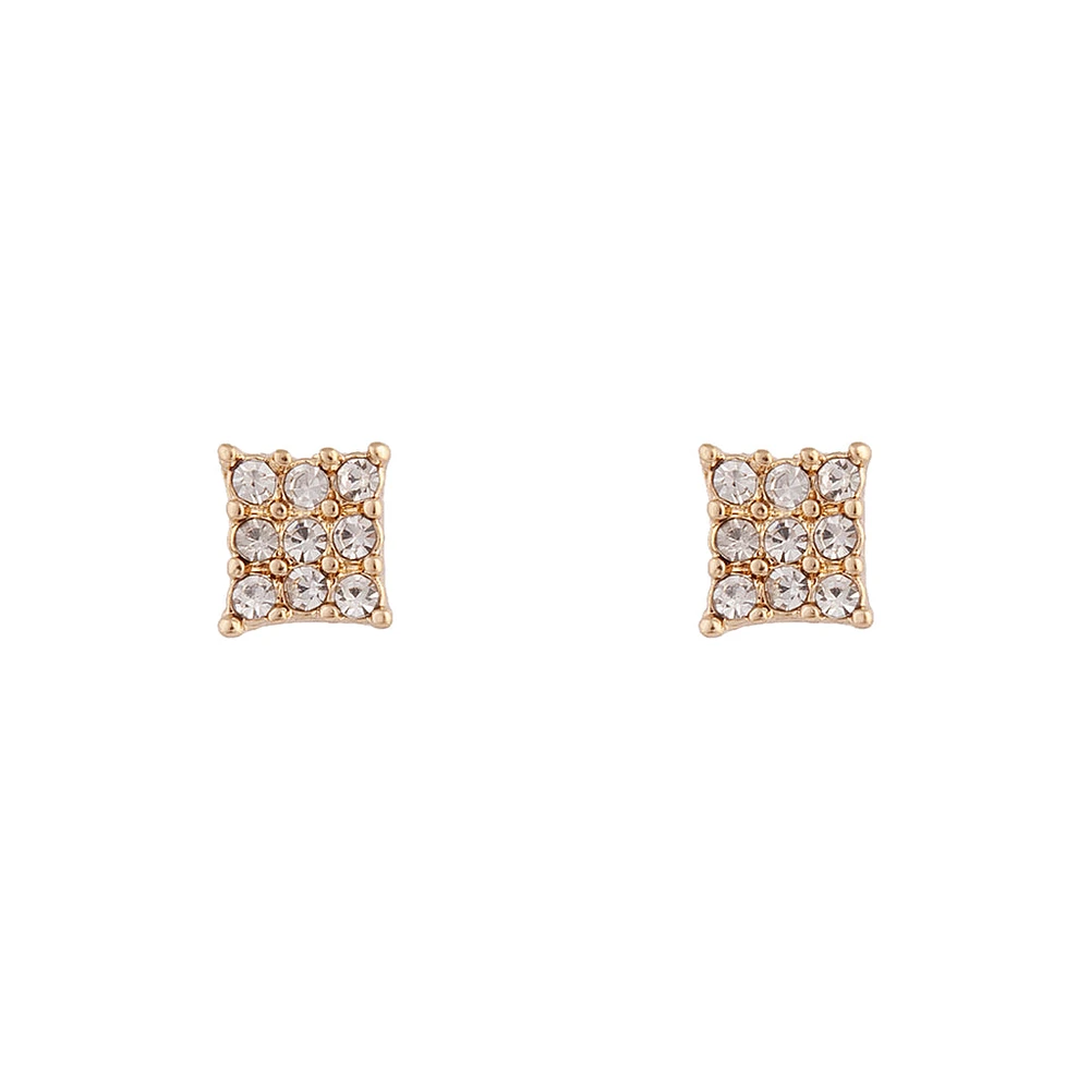 Gold Diamante Pave Square Stud Earrings