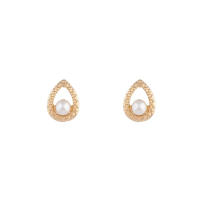 Gold Textured Pearl Teardrop Earrings