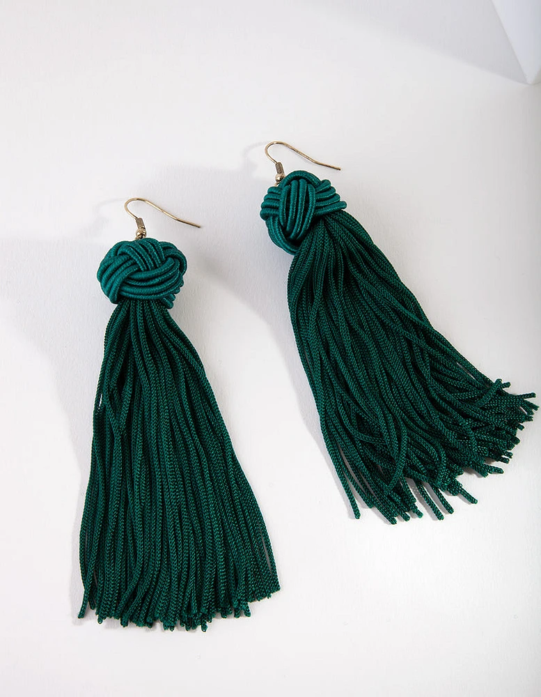 Emerald Green Plait Ball Tassel Earrings