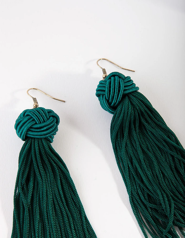 Emerald Green Plait Ball Tassel Earrings