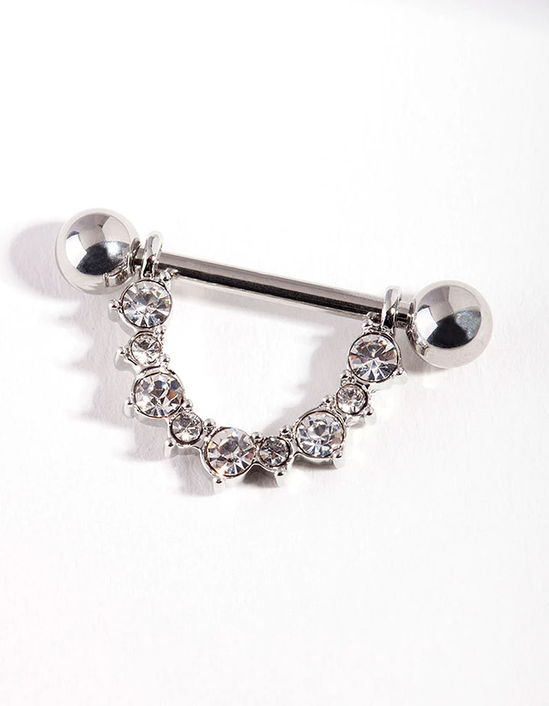 Rhodium Diamante Curve Nipple Bar