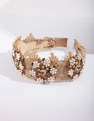 Gold Floral Fabric Pearl Headband