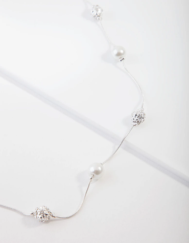 Silver Diamante & Pearl Bead Station Necklace