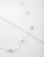 Silver Diamante & Pearl Bead Station Necklace