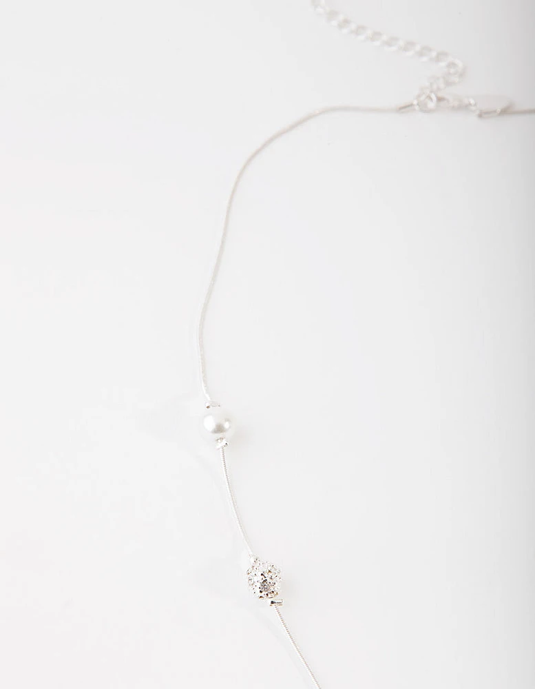 Silver Diamante & Pearl Bead Station Necklace