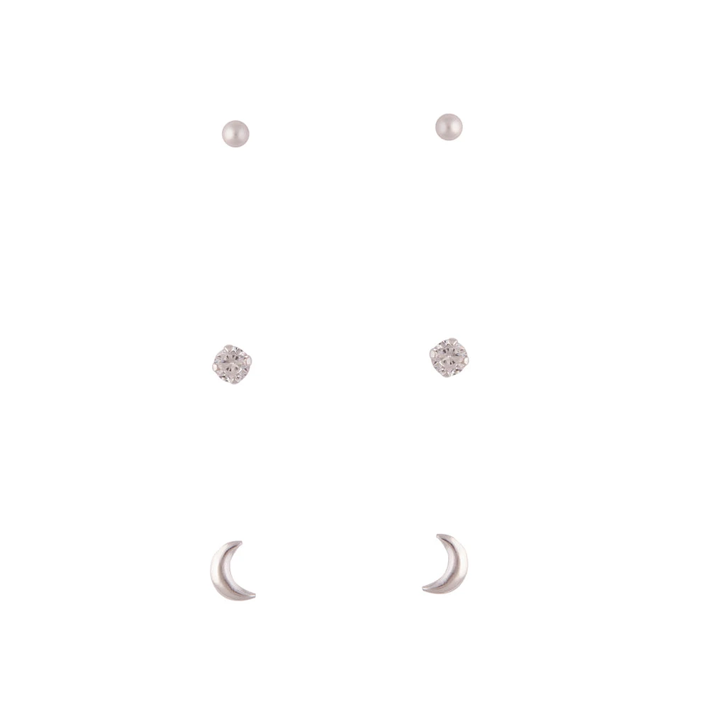 Sterling Silver Diamante Moon Earrings Trio