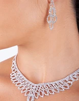 Silver Diamante Cup Chain Drop Earrings Necklace Set