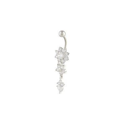 Rhodium Surgical Steel Cubic Zirconia Three Flower Belly Bar