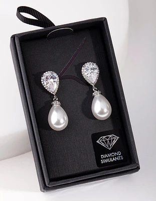 Silver Diamond Simulant Pearl Drop Earring