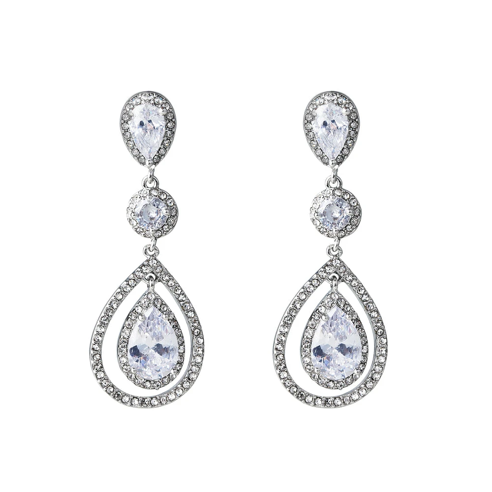 Rhodium Diamond Simulant Graduated Crystal Teardrop Earrings