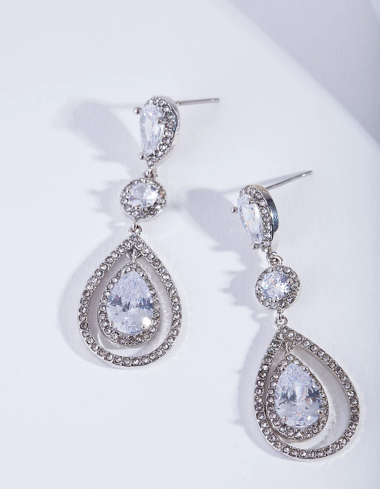 Rhodium Diamond Simulant Graduated Crystal Teardrop Earrings