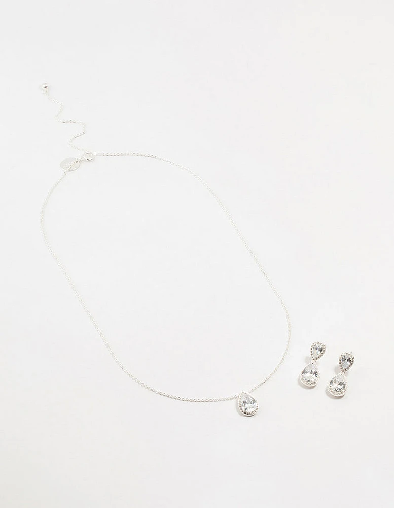 Silver Diamante Teardrop Earrings & Necklace Set