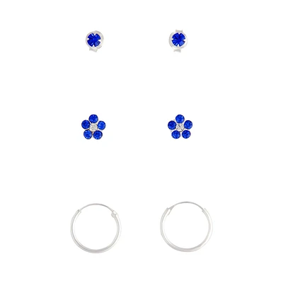 Sterling Silver Blue Stud, Flower & Hoop Pack