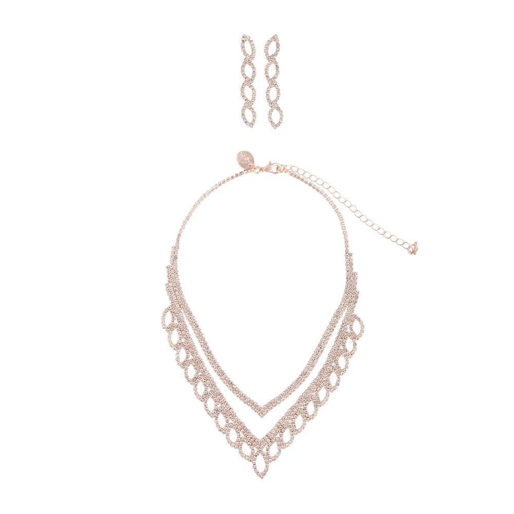 Rose Gold Diamante Earrings Necklace Leaf Set