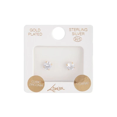 Gold Plated Sterling Silver 1 Carat Cubic Zirconia Stud Earrings