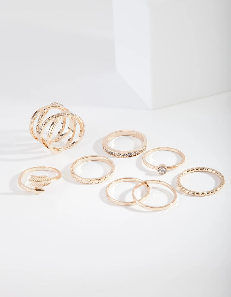 Gold Double Crossover Diamante Ring 8-Pack