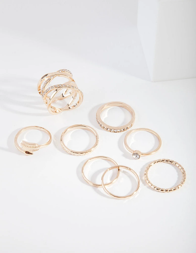 Gold Double Crossover Diamante Ring 8-Pack