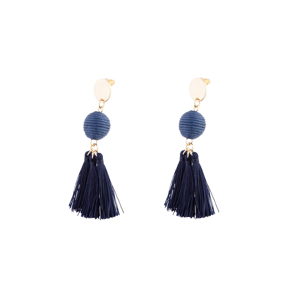 Gold Navy Blue Wrap Ball Earrings