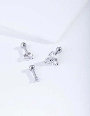 Rhodium Surgical Steel Tripple Diamante Barbell Earrings