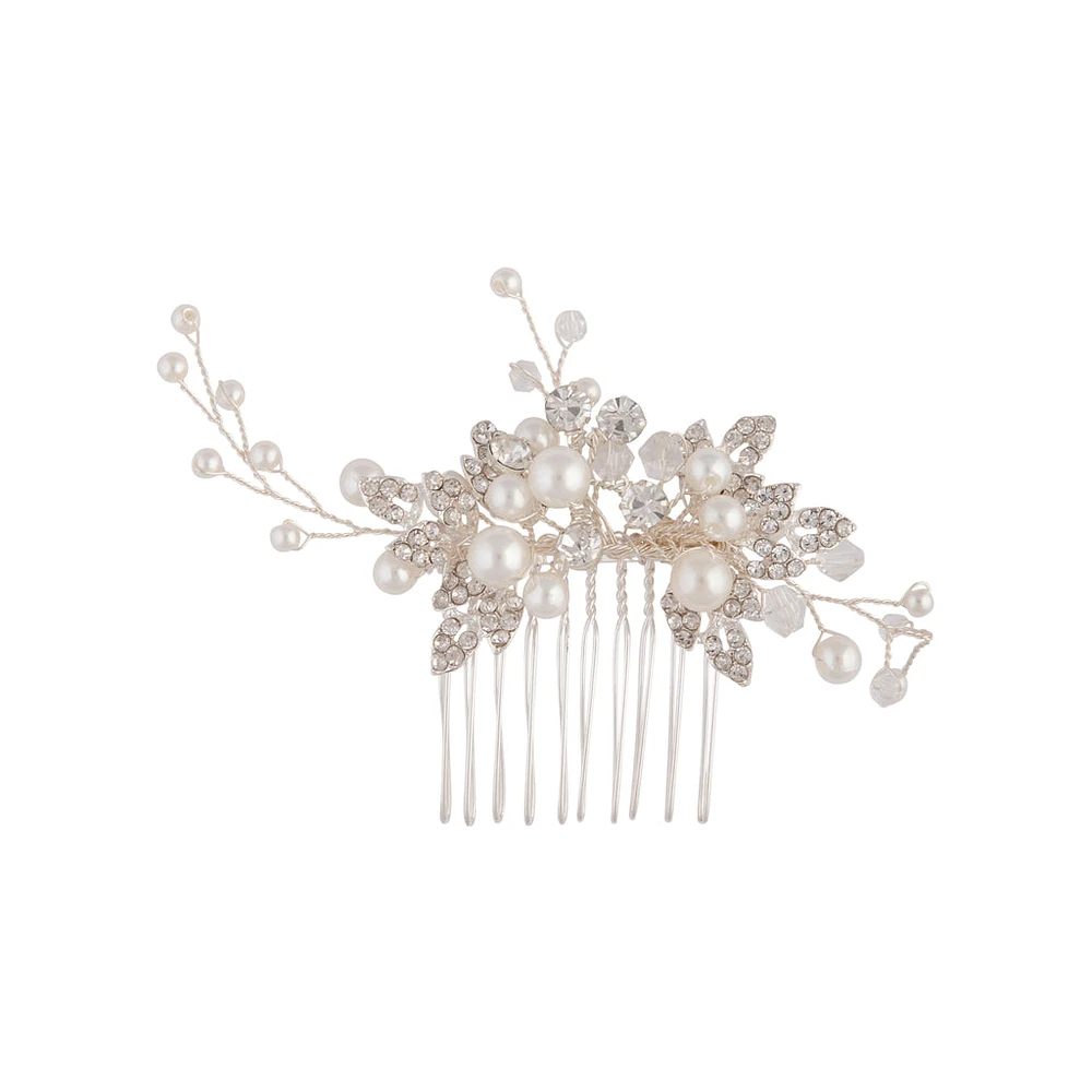 Silver Crystal Pearl Mini Leaf Comb