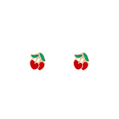 Gold Red Cherry Stud Earrings