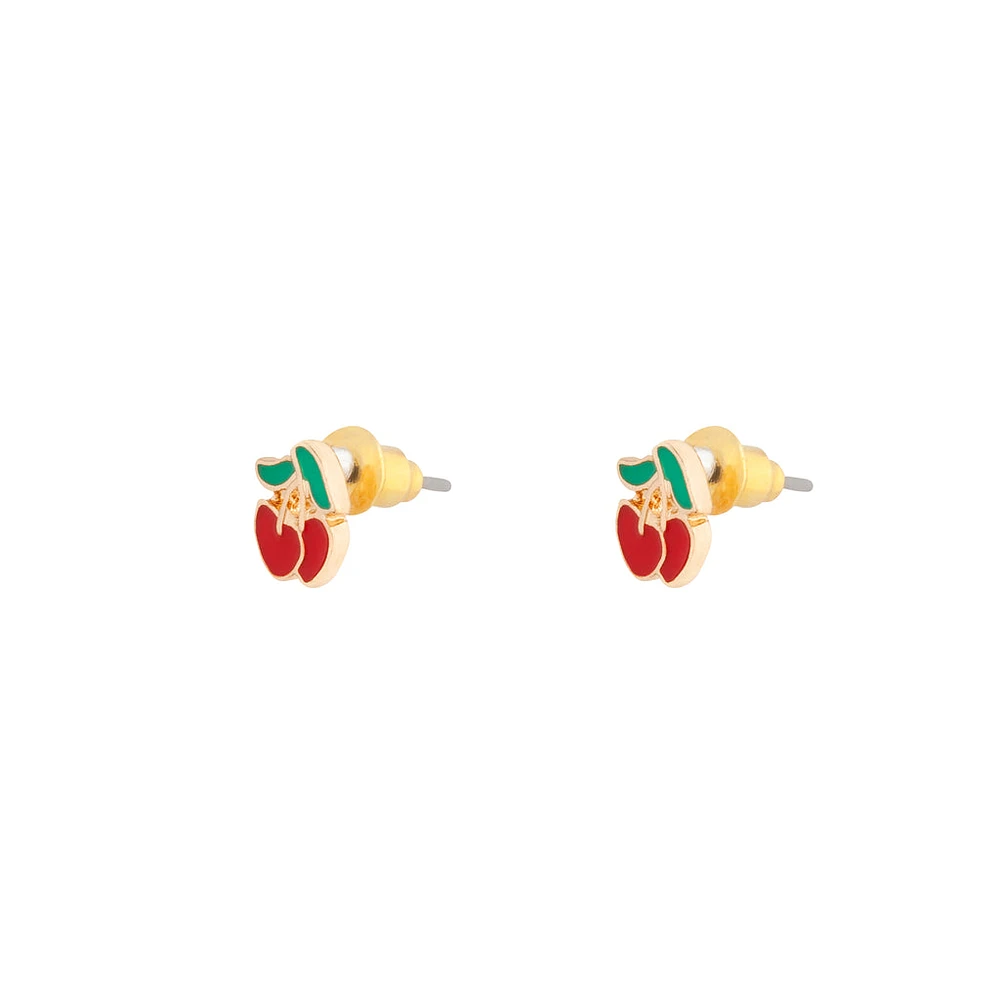 Gold Red Cherry Stud Earrings