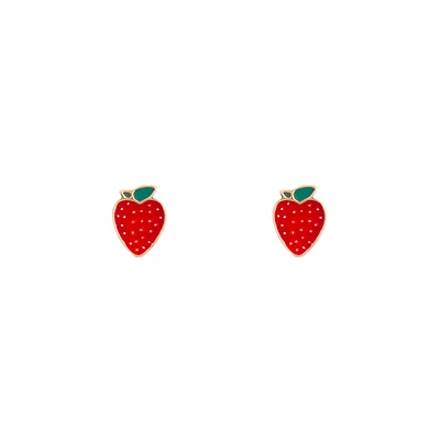 Gold Red Strawberry Stud Earrings