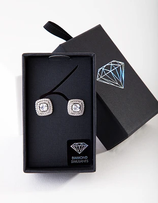 Diamond Simulant Rhodium Square Stud Earrings