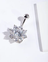 Rhodium Cubic Zirconia Flower Belly Bar