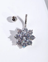 Rhodium Cubic Zirconia Flower Belly Bar