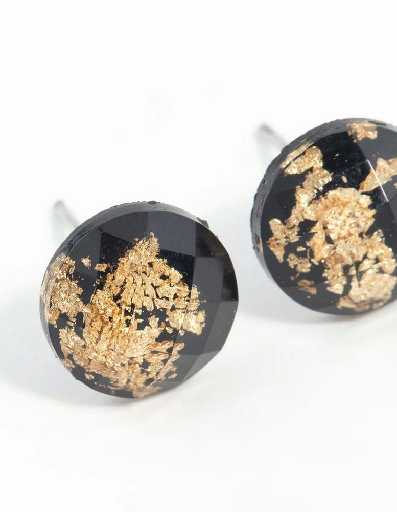 Black Gold Speck Circle Stud Earrings