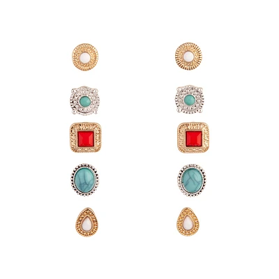 Mixed Metal Bohemian Stone Clip-On Earring 5-Pack