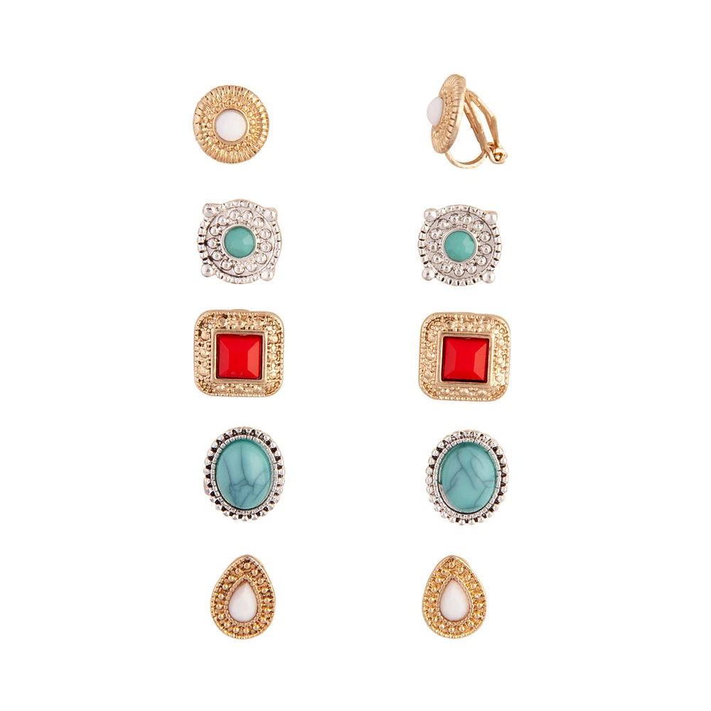 Mixed Metal Bohemian Stone Clip-On Earring 5-Pack