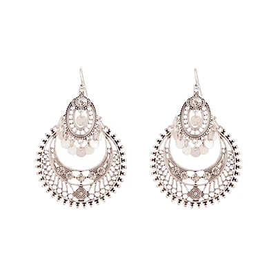 Etched Antique Silver Disc Drop Chandbali Earrings