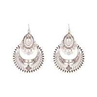 Etched Antique Silver Disc Drop Chandbali Earrings