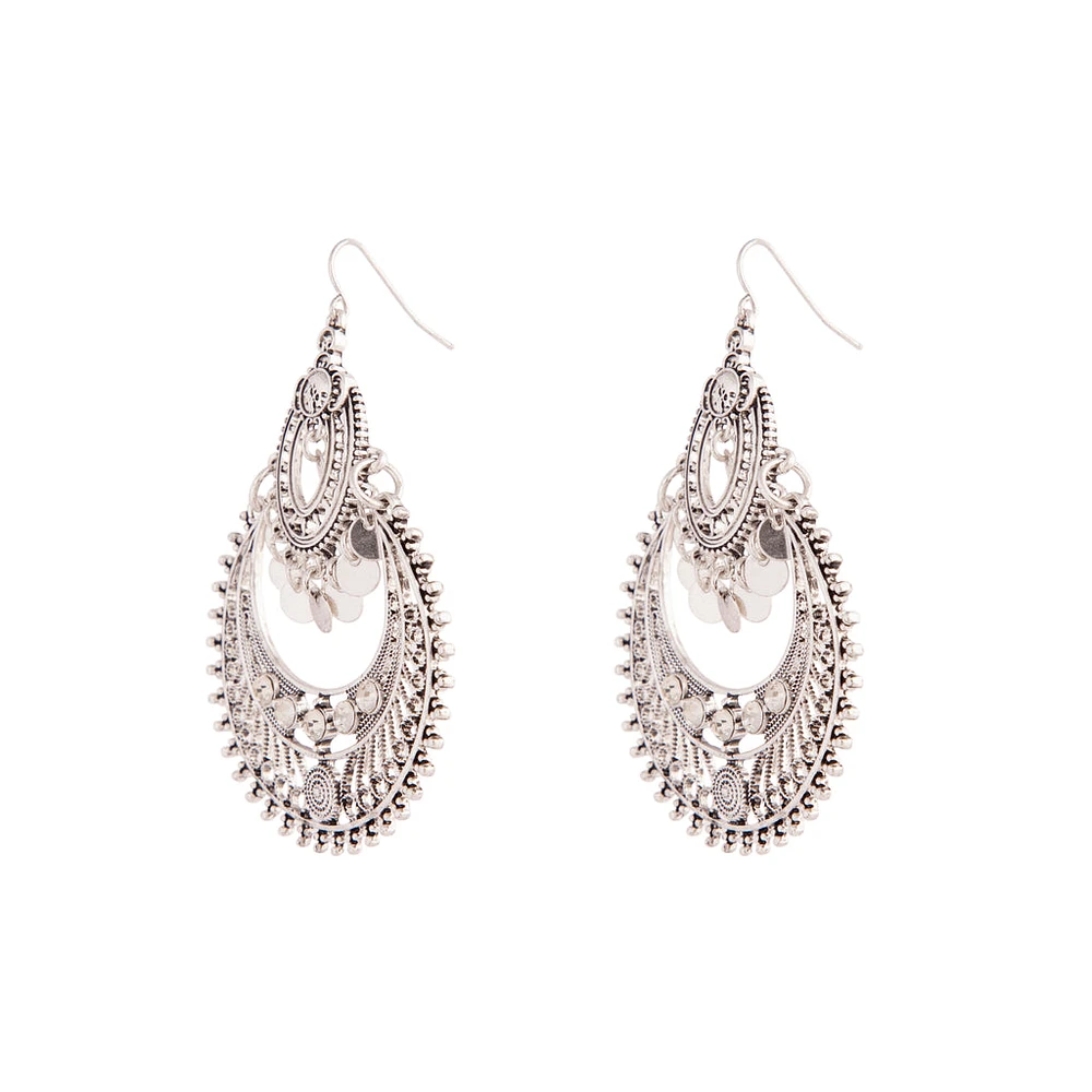 Etched Antique Silver Disc Drop Chandbali Earrings