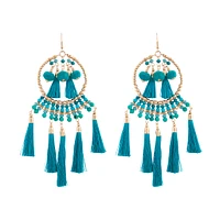 Green Statement Tassel Pom-Pom Earrings